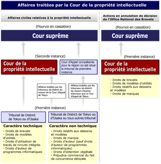 Schéma de compétence pour les actions relatives au droit de la propriété intellectuelle : Présente les compétences respectives et le déroulement de la procédure dans les affaires civiles relatives au droit de la propriété intellectuelle et les actions en annulation de décision de l’Office National des Brevets.