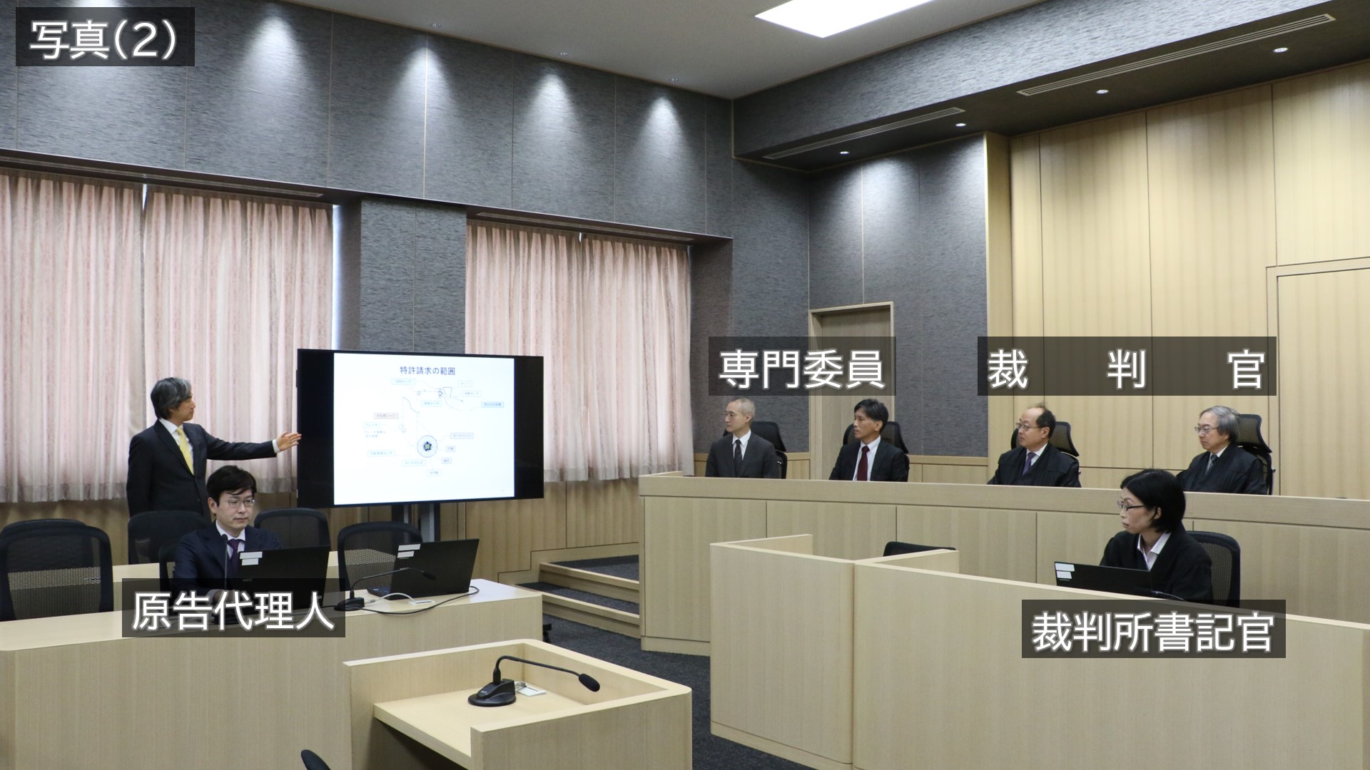 写真:(2)原告代理人がプレゼンテーションを行っている様子です。原告代理人席の奥に設置された壁掛けモニターに資料を映しながら、原告代理人が起立し説明しています。
