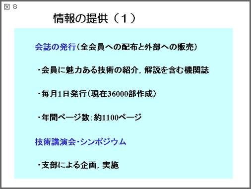 図8:タイトル「情報提供(1)」/会誌の発行(全会員への配布と外部への販売)、会員に魅力ある技術の紹介・解説を含む機関誌、毎月1日発行(現在36000部作成)、年間ページ数:約1100ページ、技術講演会・シンポジウム、支部による企画・実施