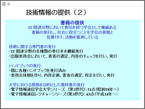 図9:タイトル「技術提供(2)」/書籍の提供。IT関連分野において責任を持つ学会として権威ある書籍を発行し、社会に役立つことを学会の責務と位置付け、活動を推進している。技術に関する専門書の発行。IT関連分野の多種類の単行本を継続発行。出版委員会において、著者の選定、内容のチェックを行い、発行。ハンドブックの発行。既に各種ハンドブックを発行済み。委員会体制を作り、内容企画、著者の選定、校正を行い、発行。大学における使用を目的とした教科書の発行。電子情報通信学会大学シリーズ(第2世代):51点(昭和58年〜)、電子情報通信レクチャーシリーズ(第3世代):63点(平成14年〜)