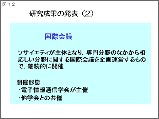 図12:タイトル「研究成果の発表(2)」/国際会議。ソサエティが主体となり、専門分野のなかから相応しい分野に関する国際会議を企画運営するもので、継続的に開催。開催形態。電子情報通信学会が主催。他学会との共催。
